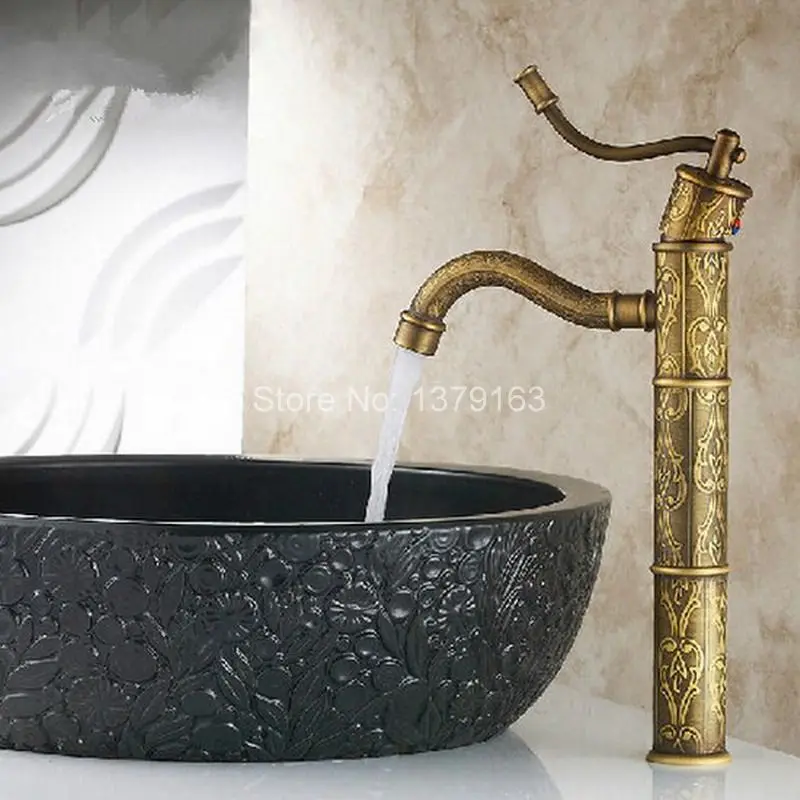 Antique Brass Carved pattern Bamboo Style Single Handle Lever Bathroom