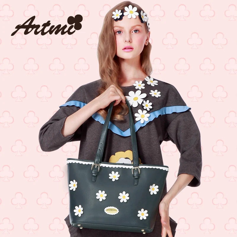  ARTMI Original Designer Brands New Fashion Women Bags 2017 Little Daisy High Quality PU Handbags Tote Solid Flower Shoulder Bag 