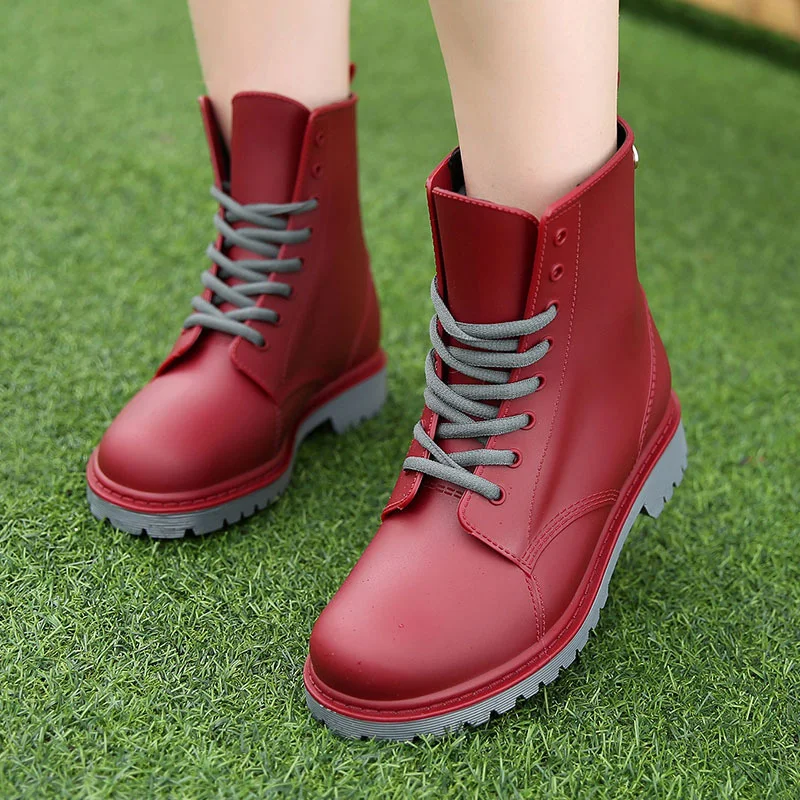 Rain Boots Ankle Boots Women Flat Platform Boots Fashion Patent Leather Non-Slip Waterproof Chunky Shoes Boots Lace Up Shoes Red / 7.5