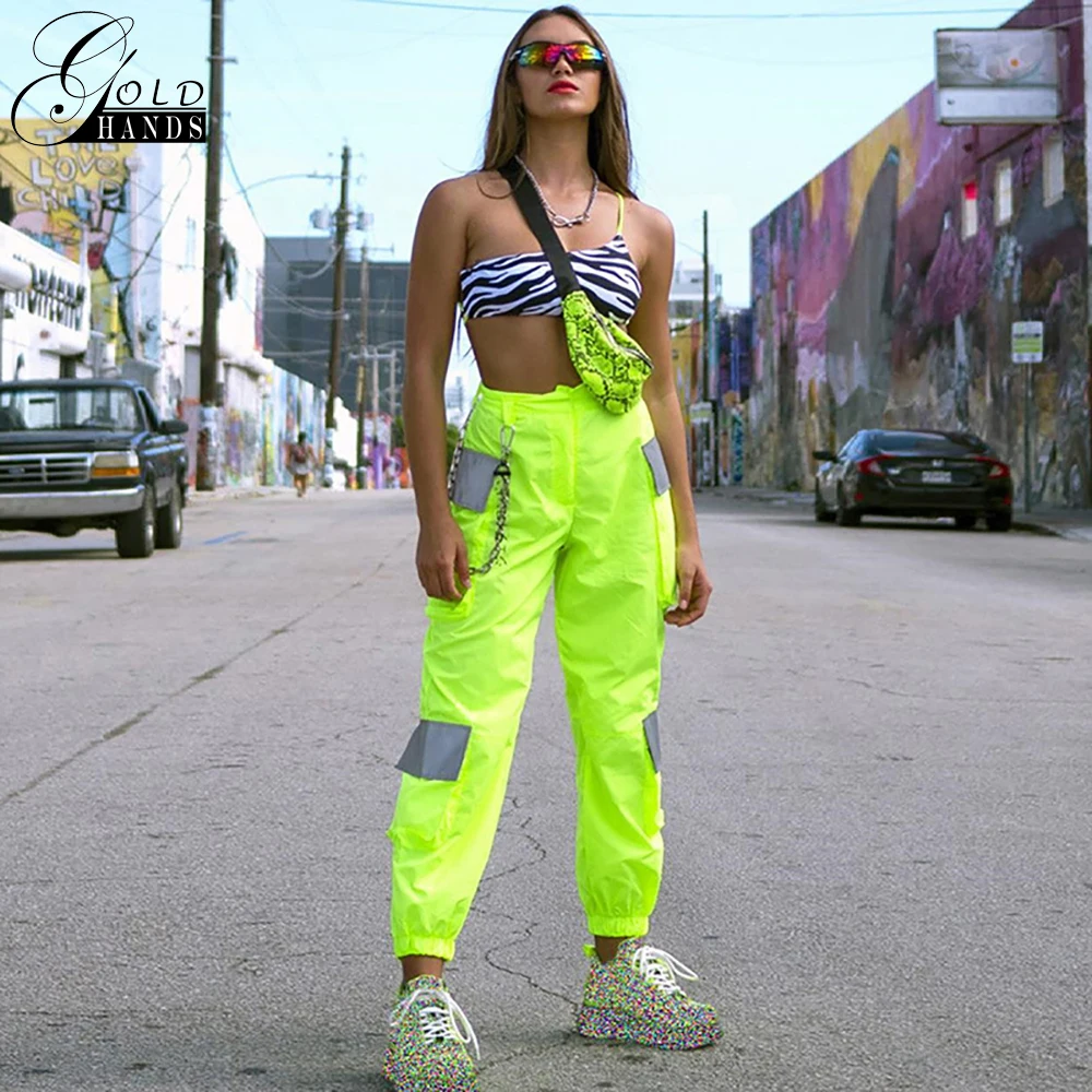 

Gold Hands Streetwear Mid Pencil Pants with Chain 2019 Summer New Multiple Pockets Reflective Stitching Pants Women Free Post
