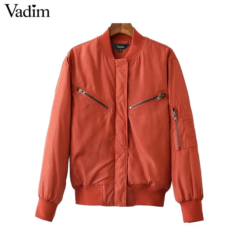 

Vadim women basic solid bomber jacket autumn warm padded coat stand collar zipper pockets casual outerwear tops chaqueta CT1500
