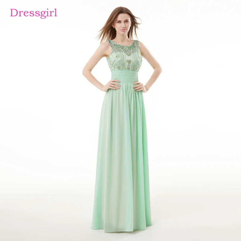 Mint Green Evening Dresses 2017 A line Chiffon Beaded Crystals Backless
