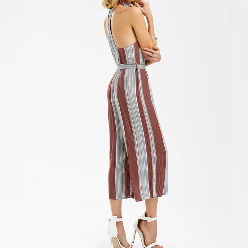Sleeveless Stripes Halter Off Shoulder Jumpsuits Long Wide Leg Pants Women Summer Loose Backless Lady Fashion Playsuits Overalls Sleeveless Stripes Halter Off Shoulder Jumpsuits Long Wide Leg Pants Women Summer Loose Backless Lady Fashion Playsuits Overalls