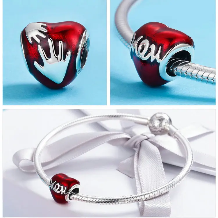 Подарок на день матери, серебро 925 пробы, подходит к оригиналу Pandora, модный браслет Love Mother Charm, красный и прозрачный CZ бисер