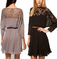 Hot Selling Fashion High Quality Black Womens Vintage Batwing Sleeve Chiffon Lace Loose Elastic Waist Party Cocktail Dress SML