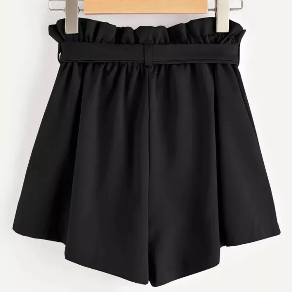 Women Retro Solid Casual Fit Elastic Waist Pocket Short With String Women