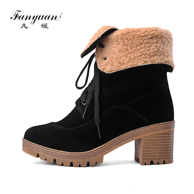 

Fanyuan New red Women Boots Lace Up Solid Casual Ankle Boots Martin Round Toe Women Shoes Winter Snow Boots Warm British shoes
