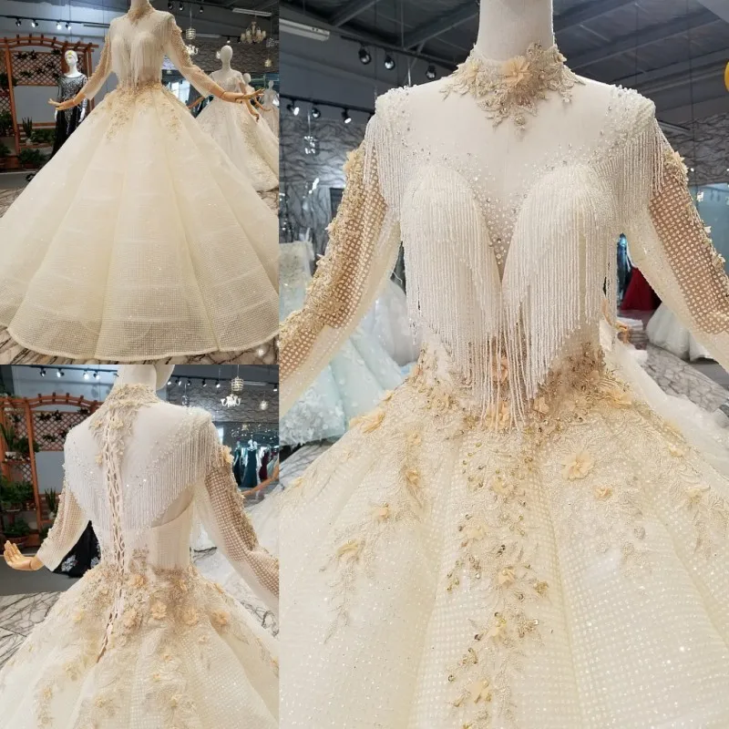 Sexy Sheer Высокая шея кисточкой кружевное бальное свадебное платье кристалл длиной
