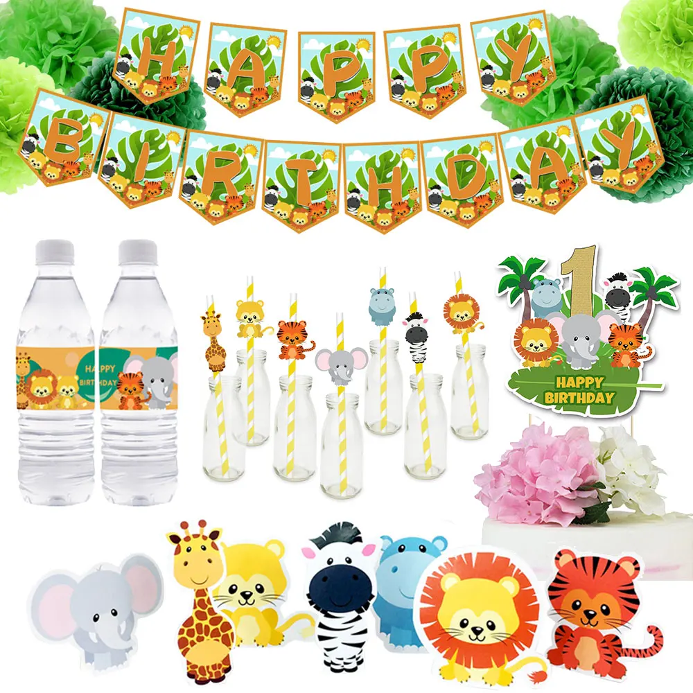 

Safari Animal Theme Party Decoration Supplies Box Invitation Ceiling Hanging Straws Bags Cake Topper Wrapper Banner Balloon Hat