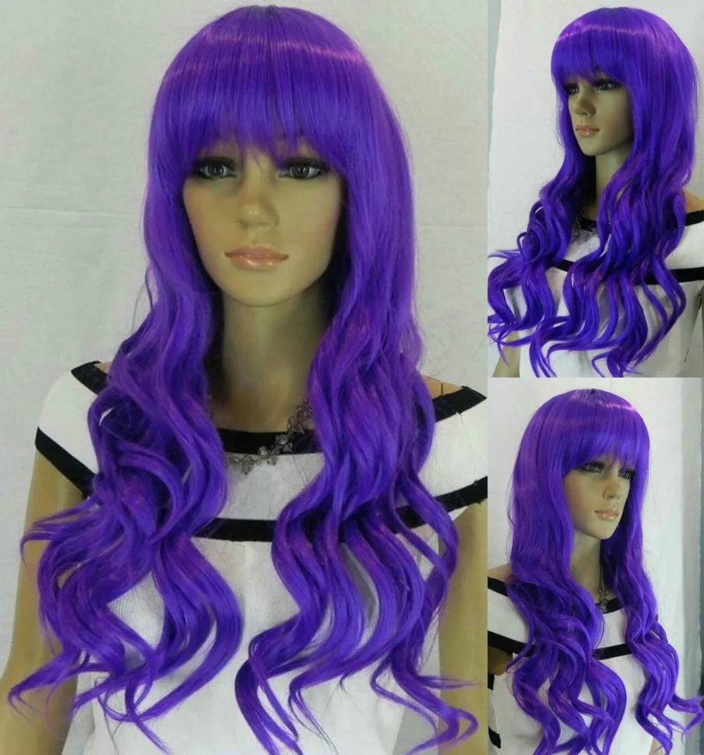 jj 001967 Fashion Long Curly Oblique Bangs Purple Women Wig Cosplay |