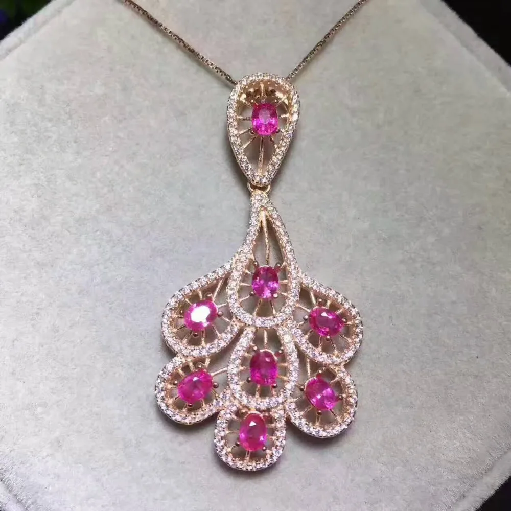 

natural red ruby Pendant natural gemstone pendant necklace S925 silver Elegant personality Phoenix tai fanWomen wedding jewelery