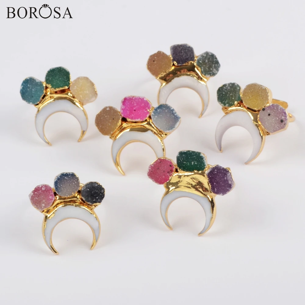 

BOROSA Design 5Pcs High Quality Gild Horn Shape White Shell & Three Rainbow Agates Druzy Ring Jewelry Factory Outlet G1838