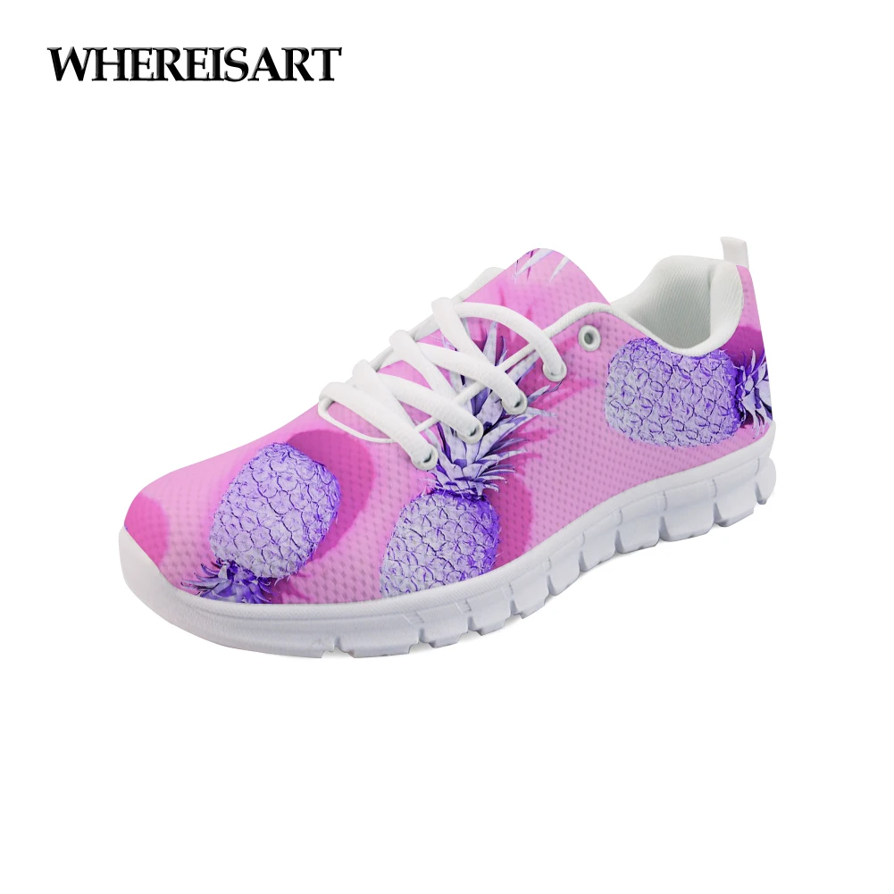 

WHEREISART Bright Color Women Shoes Soft Walking Soft Sneakers Pineapple Printed Female Spring Breathable Ladies Lace-up Flats