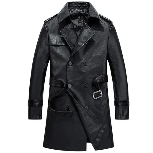Новинка, мужское кожаное пальто, высокое качество, стирается, искусственная кожа, длинный Тренч, двубортный, тонкий, ПУ, пальто с поясом - Цвет: black