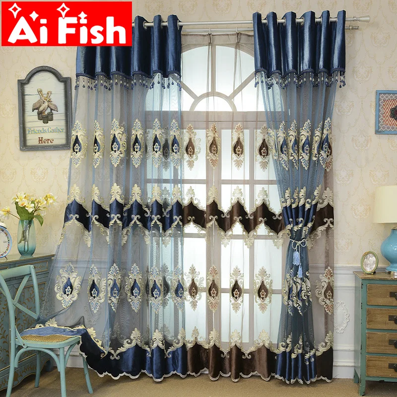 

European Style Chinese Version Embroidered Luxury Curtains for Living Room Balcony Blue Coffee Sheer Tulle Curtain Decor M021-40