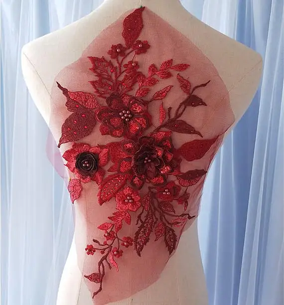 

2 pieces wine red sequined 3D Flower Applique , Beaded and Embroidered for Lyrical Dance, Ballet, Couture Gowns 41x22cm