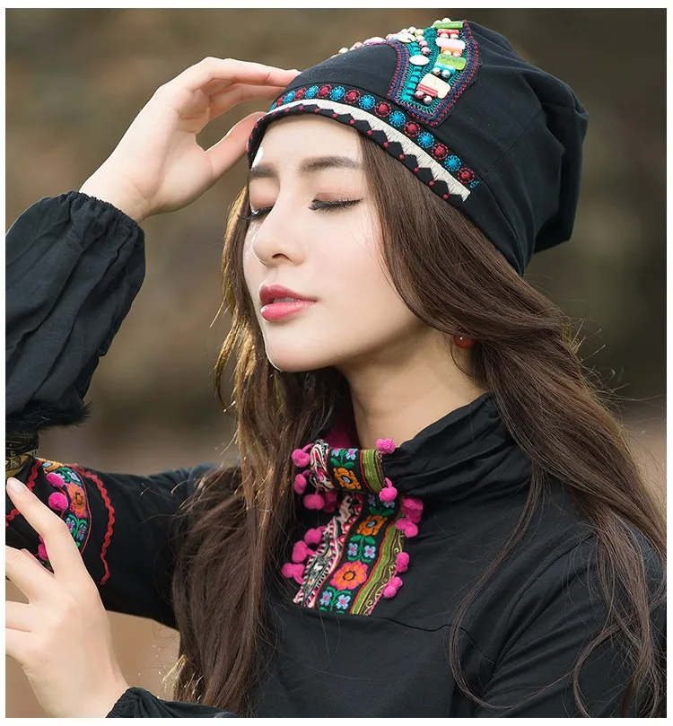 Cheshanf мексиканский стиль этнические винтажные черные синие красные банданы с бисером женская зимняя Оригинальная шапка в стиле хиппи Skullies