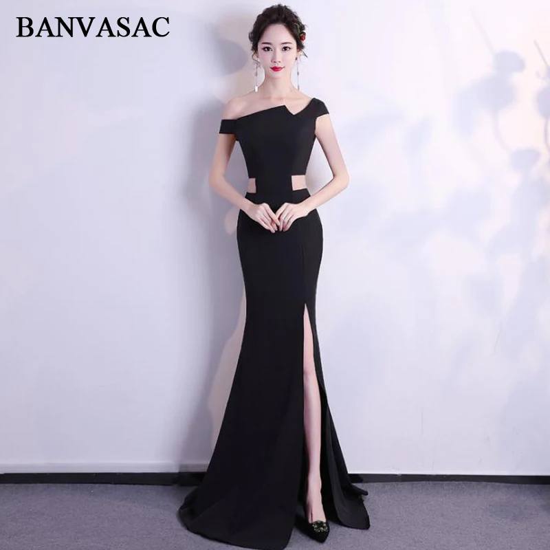 

BANVASAC 2018 Asymmetrical One Shoulder Mermaid Long Evening Dresses Elegant Party Sash Sweep Train Backless Prom Gowns