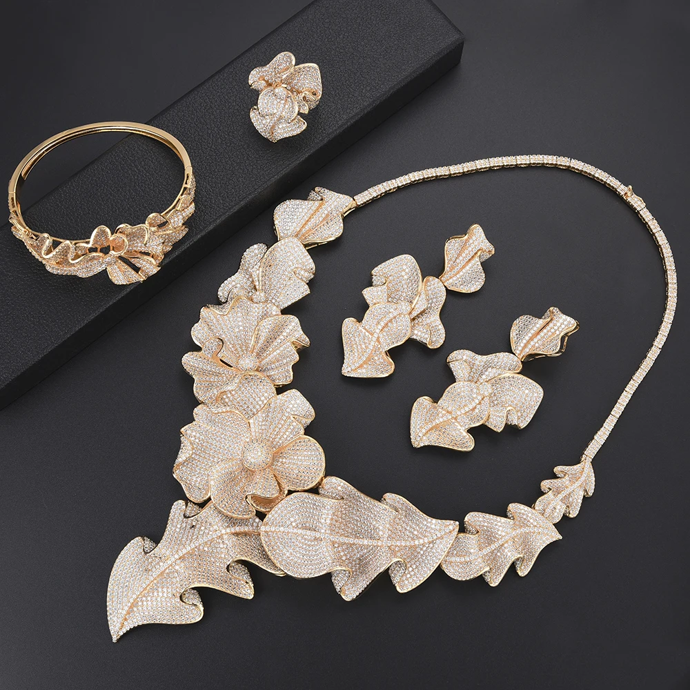 

Fashion Flower Leaf Dubai african jewelry set Bridal Necklace Earrings Sets Bangle Ring Fashion Jewelry For Women bijoux femme