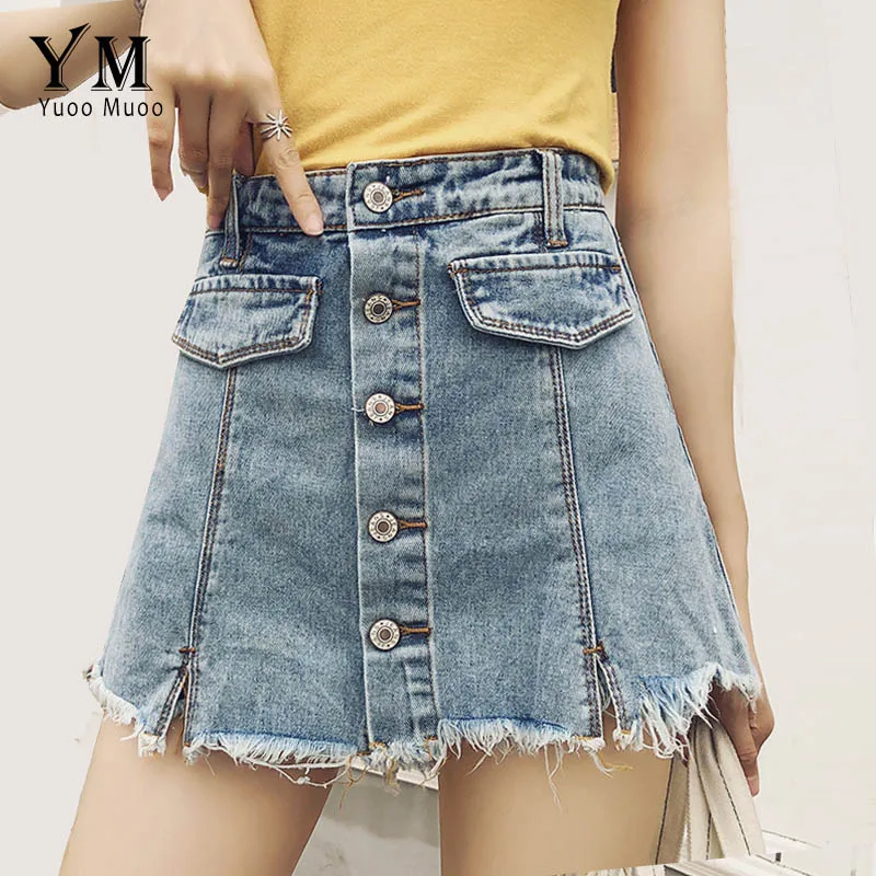 YuooMuoo, однобортная Корейская летняя юбка, шорты для женщин,, высокая талия, карман, джинсовые шорты, Ретро стиль, потертая юбка с бахромой - Цвет: Style1 Light Blue