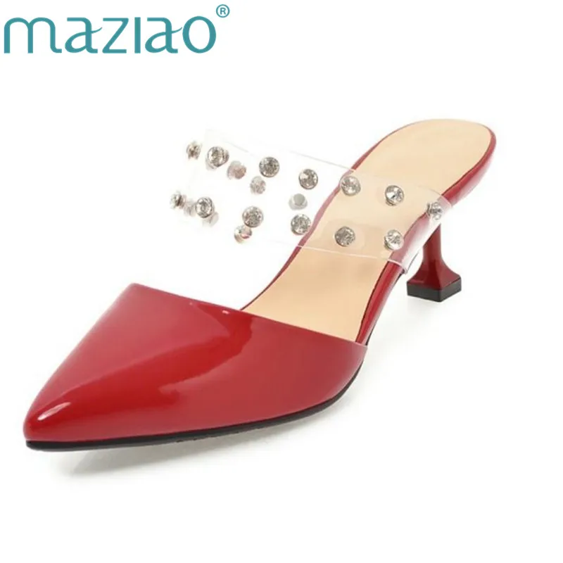 

MAZIAO Women Pumps Mules Lazy Shoes Patent Leather Fashion Slip-On Pointed Toe Big Size 32-43 Shallow Thin Heels Crystal