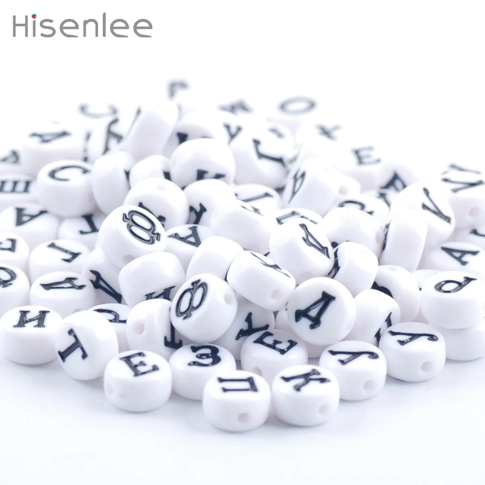 Hisenlee 7 мм 100 шт. белые акриловые бусины с русской буквой черные алфавиты