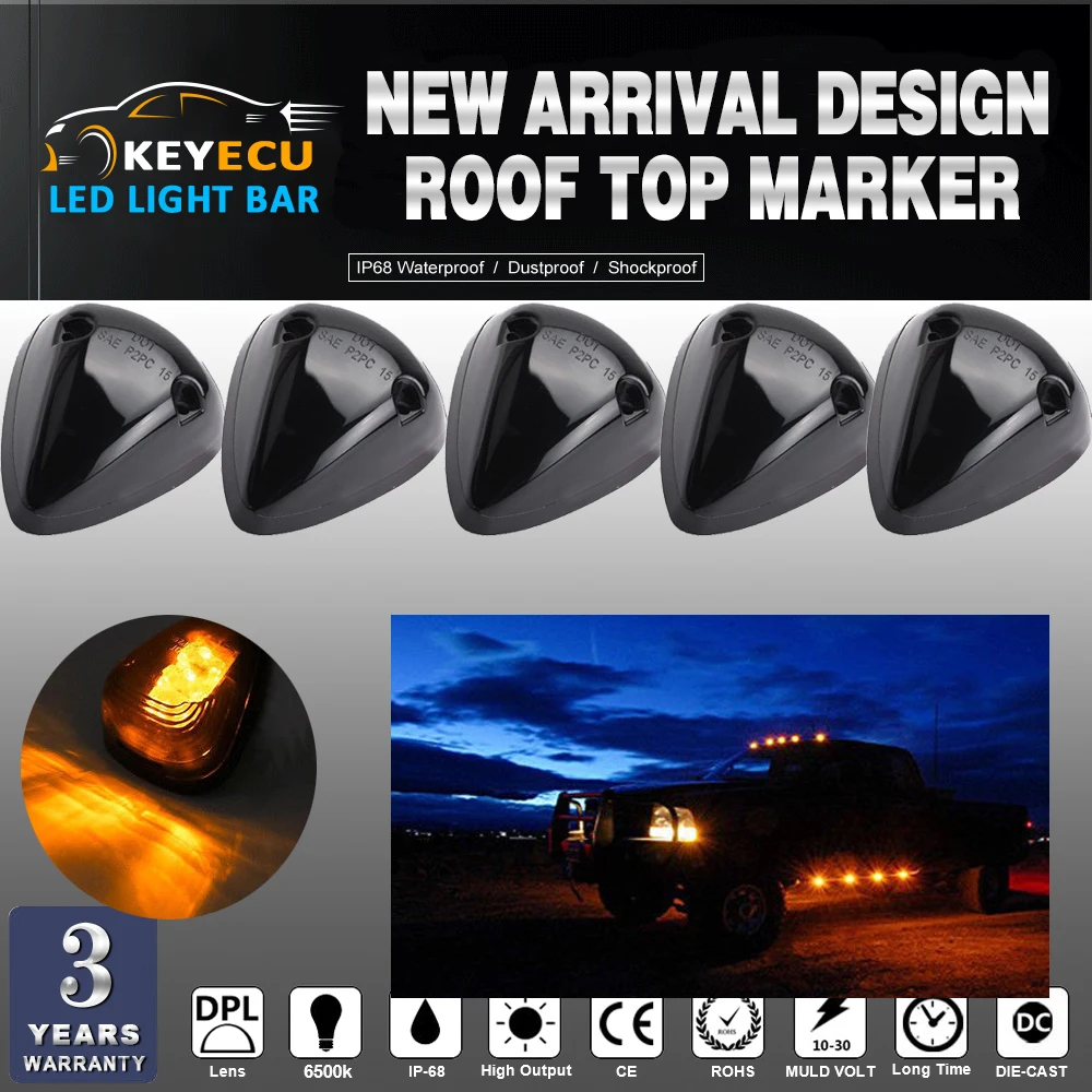 KEYWCU 5pcs Smoked Lens Amber light 9LED Cab Roof Top Marker Lamp