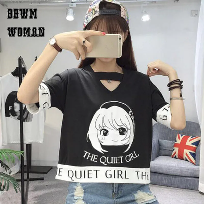 

Cartoon Cute Girl Printed Female T Shirt 2018 Hong Kong Style New Korean Harajuku Bf Wind Blac Color Tee Shirts ZO612