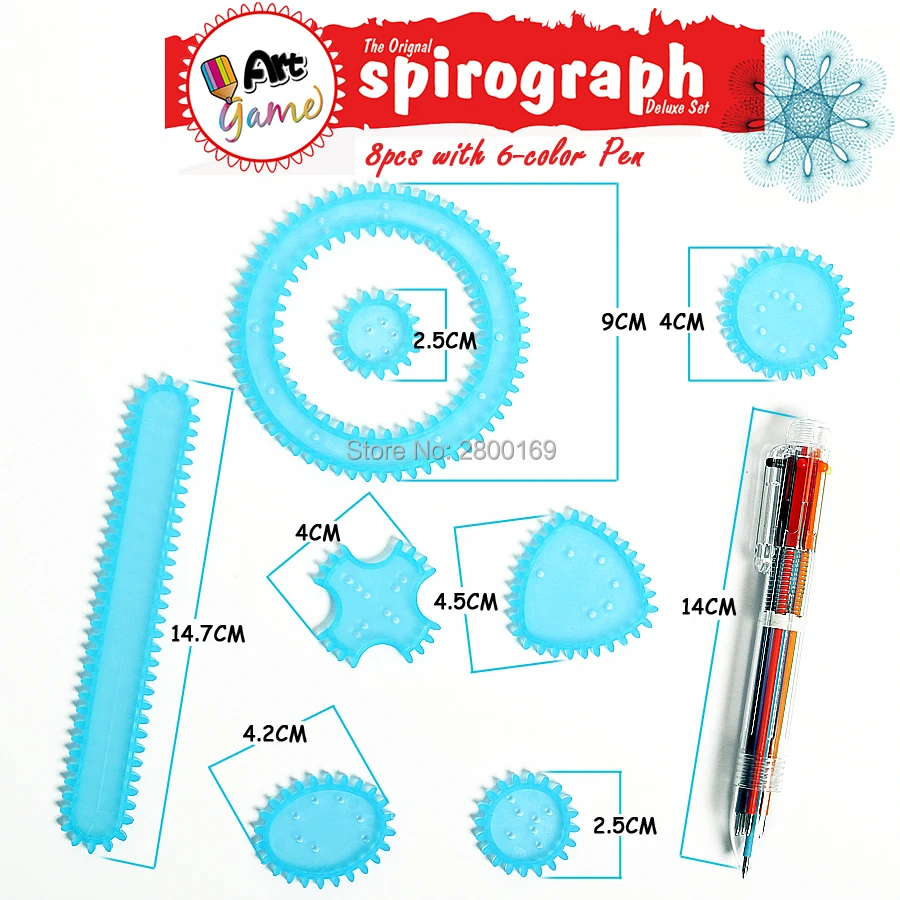 

Spirograph Art game 8 Interlocking Gears & Wheels Creative Spiral Designer drawing toy set with 6-color Pen Educational toys