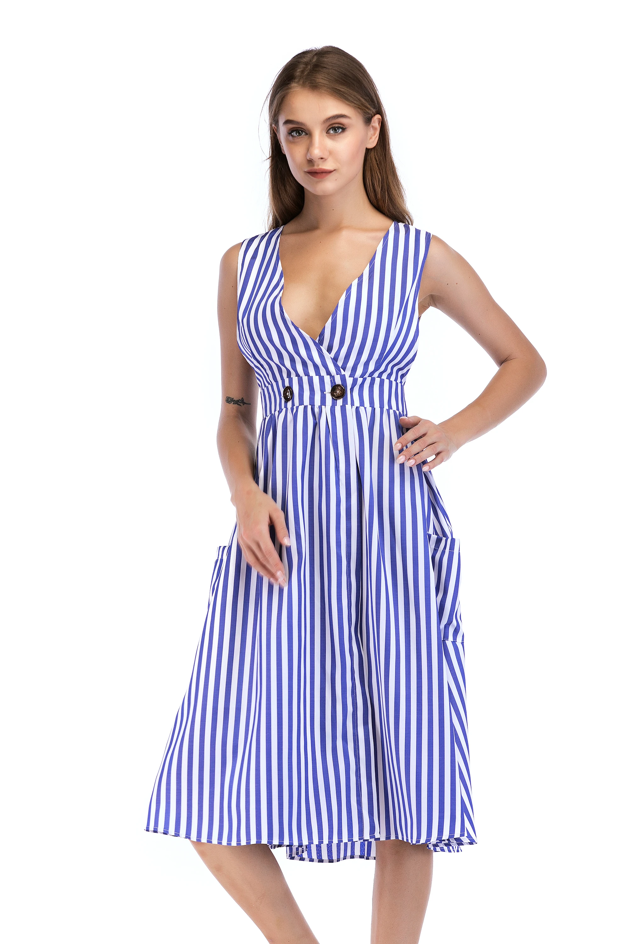 

New Arrival Office Lady A-line Blue Striped Sleeveless Mid-calf Natural V-neck Summer Dress AKN-052