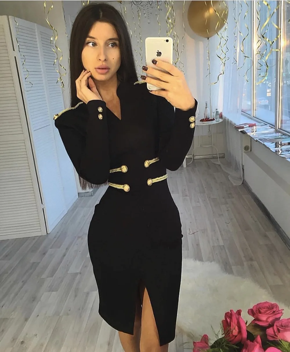 

New Arrival Solid Sexy Long Sleeve Button Black Rayon Bandage Dress 2018 Knitted Elastic Party Dress