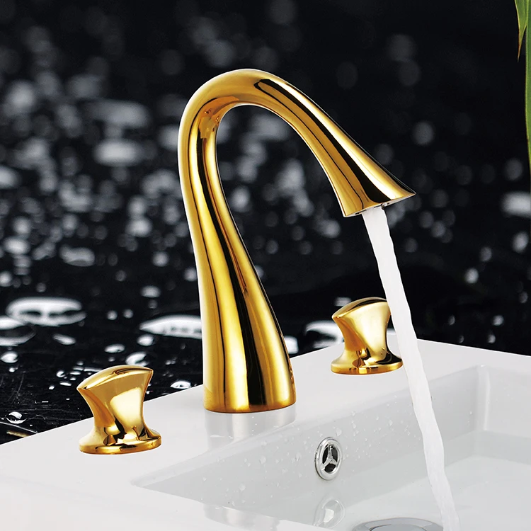 Современный 3 отверстия краны латунные Sleek Дизайн широкое Ванная комната сосуд Раковина кран ti-золото