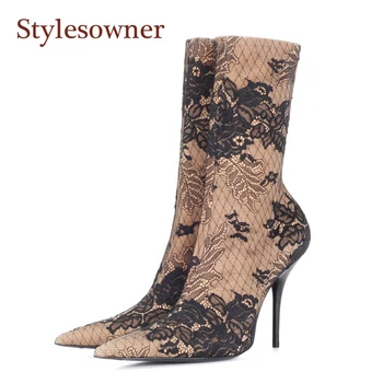 

Stylesowner Sexy Thin-heel Lady Boots Black Blue Lace Floral Pointed Toe Slip On Boots Slim New Stylish High Heel Bota Hot Sell