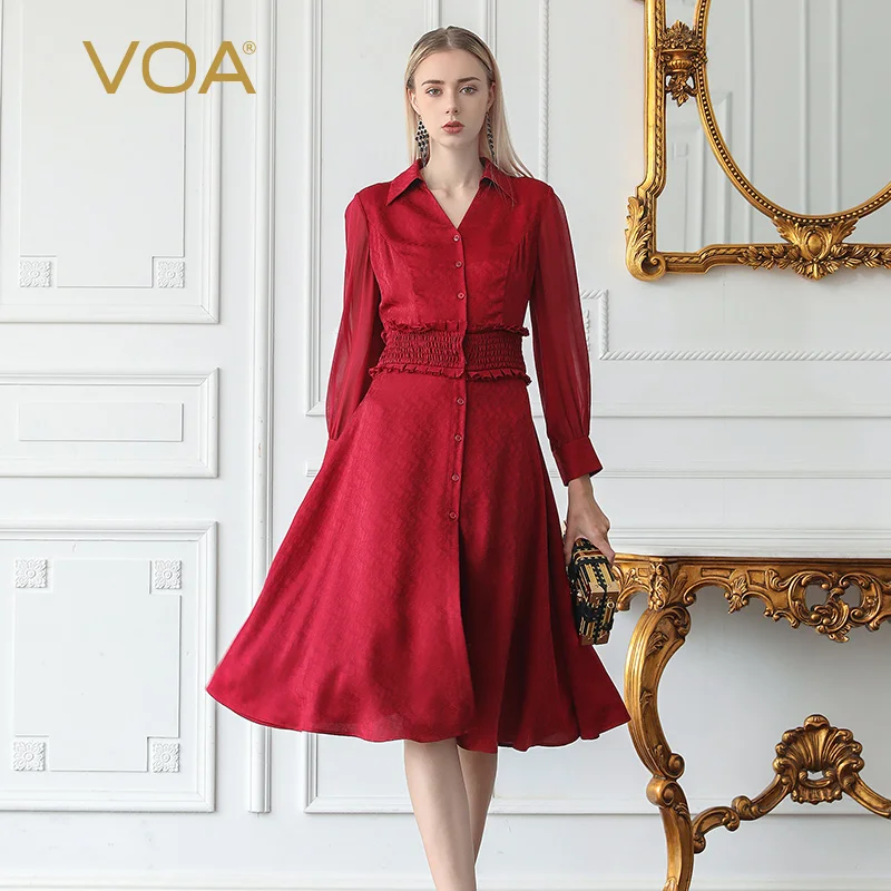 VOA Silk Jacquard Vintage Red Midi Shirt Dresses Autumn Long Sleeve A