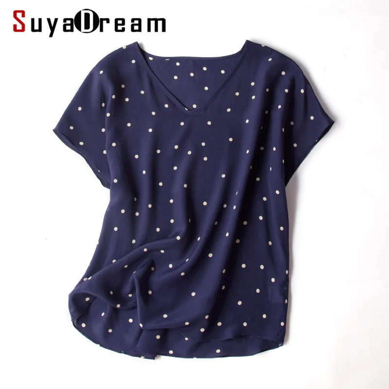 

Women T shirt 100%REAL SILK Dots Print V Neck T Shirt Short Bat Sleeved Casual Shirts 2019 Summer Fall Bottomming Top