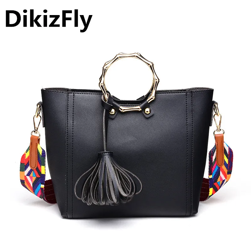 

DikizFly Brand PULeather Shoulder Bags Metal Bamboo Totes Bag Women Corssbody Bags Ladies Handbags Wide shouder straps Handbag