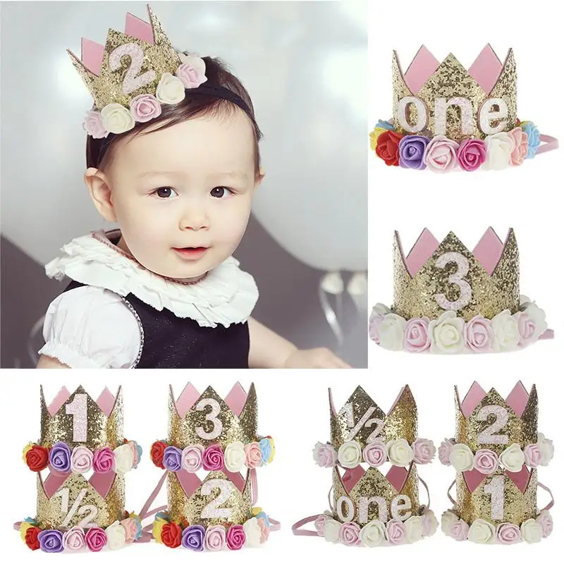 

Girl First Birthday Decor 1st Flower Party Crown One 2nd Three Year Old Number Priness Pink Hat Baby Hair Accessory