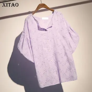 

[XITAO] 2018 Summer New Europe Casual Women Floral Embroidery Hollow Out O-Neck Puff Sleeve Single Breasted Shirts KZH1172