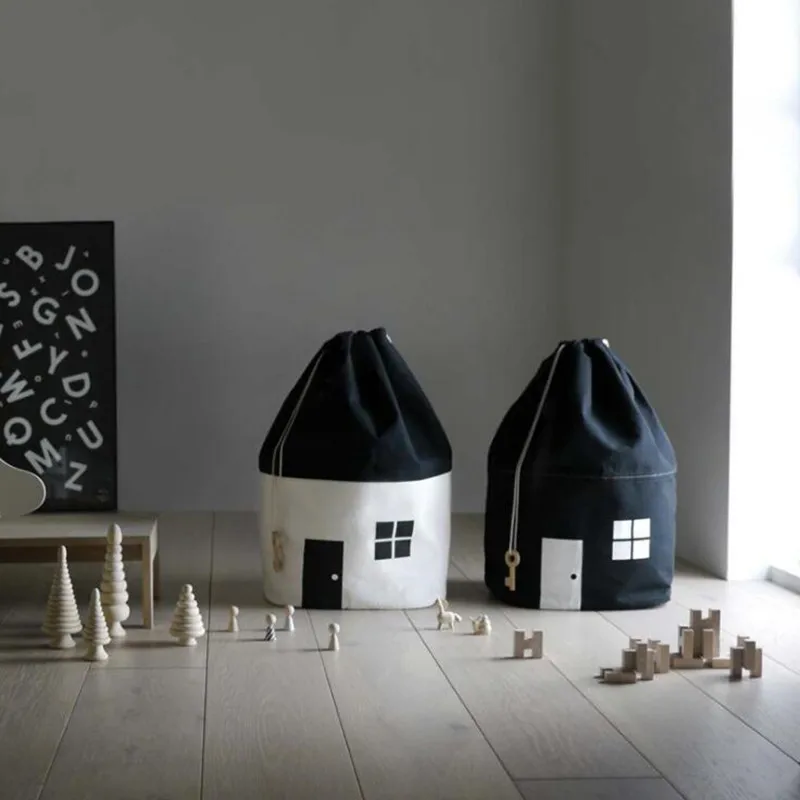 

2018 Black And White Cute House Shape Storage Bag Large Capacity Container Children Baby Pure Cotton Canvas Toy Beam Organizer