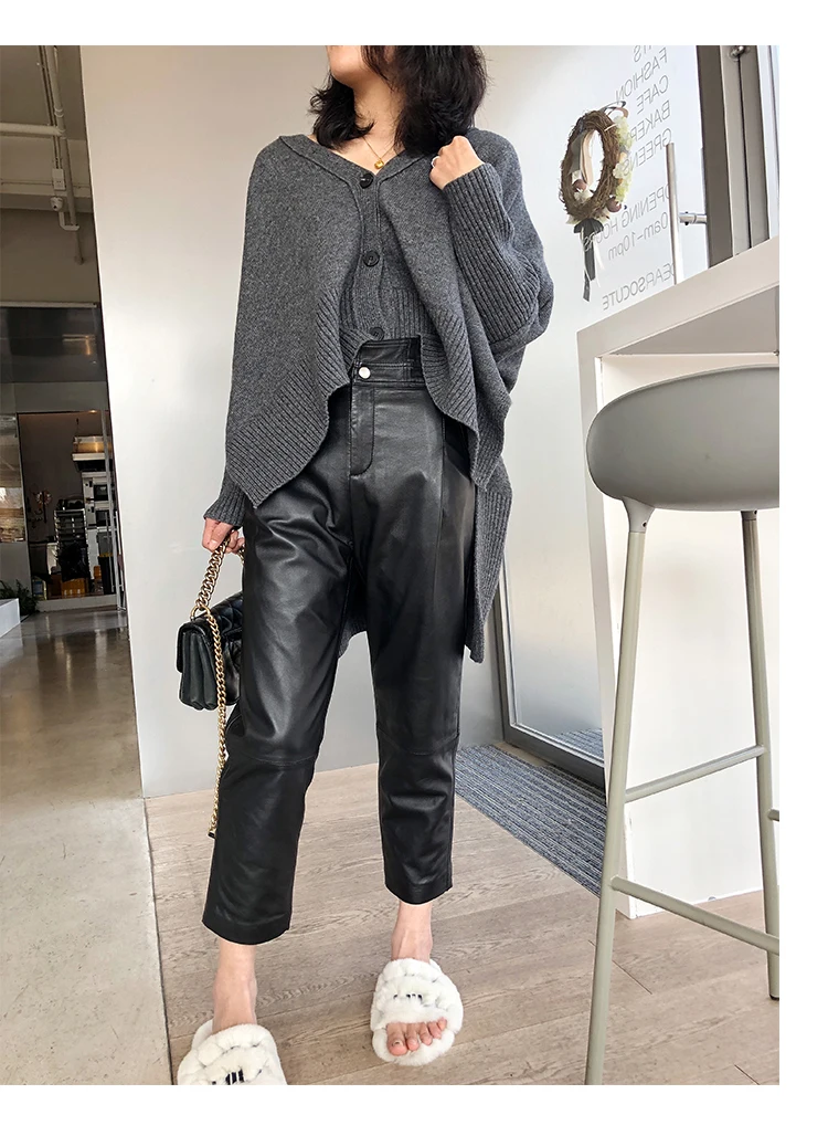 Women Ankle-Length Pants Genuine Sheep Leather Fashion Natural Genuine Sheep Leather Crop Jeans Harem Pants