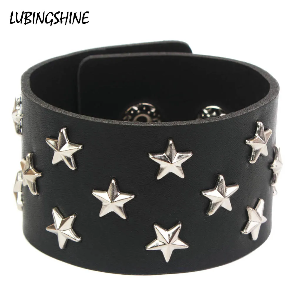 

Black Leather Bracelets Bangle Silver Color Star Alloy Snap Button Wide Bracelet for Women Man Fashion Cuff Wristband Jewelry