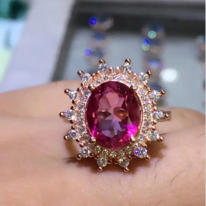 

Solid Silver Luxury Carat Natural Oval Pink Stone Ring Women Real Sterling Silver 925 Engagement Jewelry Elegant Ladys Bijoux