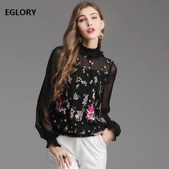 

Tops Fashion New Blouses 2019 Spring Summer Vintage Tops Women Ruffled Collar Allover Luxurious Embroidery Blouse Yellow Purple