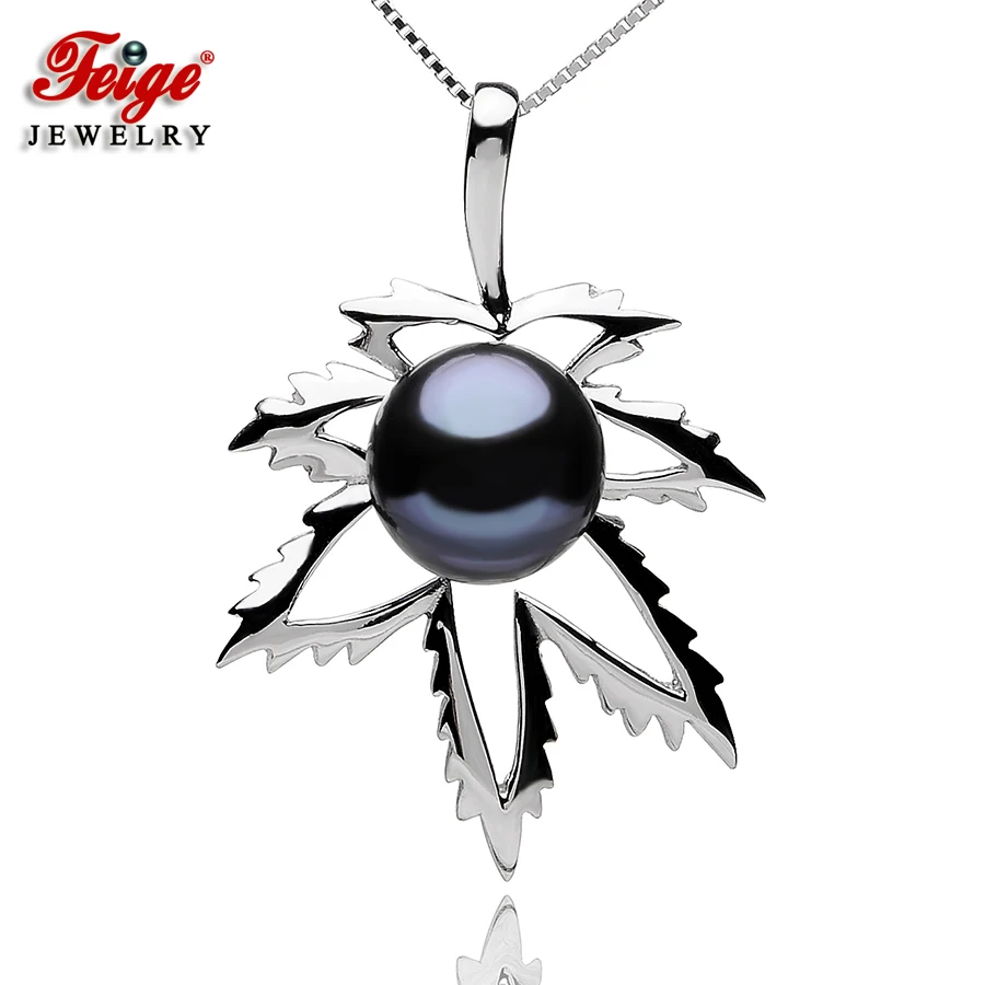

FEIGE Maple Leaf shape 925 Sterling Silver Pearl Pendant Necklaces For Women's 10-11mm Black Freshwater Pearls Fine Jewelry