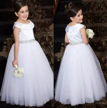 

2017 Sweet White Flower Girl Dresses for Wedding Beaded Crystal Ruffles Organza V-Neck Long Pageant Party Dress