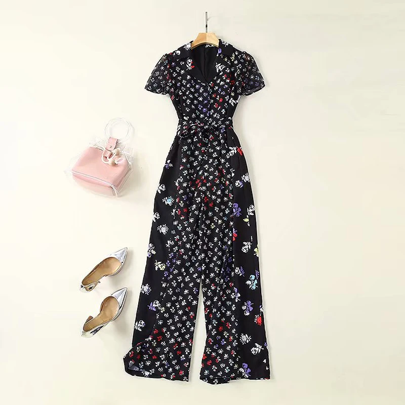 HIGH STREET новейшая мода дизайнерский комбинезон женский элегантный костюм с отложным воротником широкие брюки с цветочным принтом Комбинезон