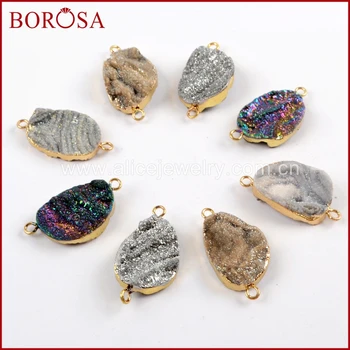 

BOROSA 10PCS Gold Color Mango Rainbow Titanium Galaxy Druzy Quartz Connector Double Charms Jewelry for Necklace/Bracelet G1614