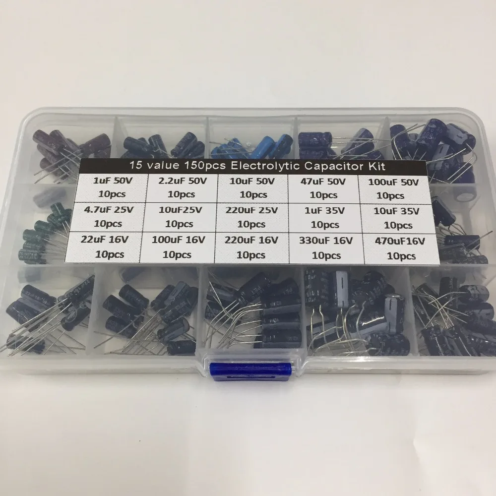 

15values 150pcs 16V/25V/35V/50V (1uF to 470uF) mix Electrolytic capacitor kit with a free storage box