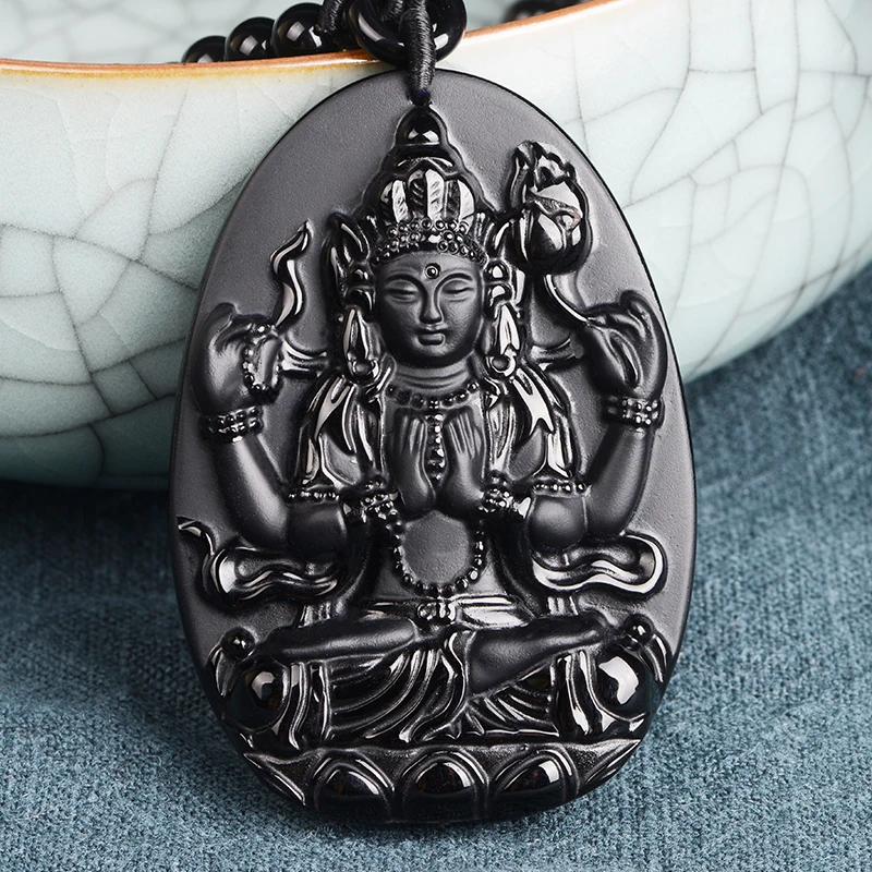 

PUHOLY/ belwide jewelry Wujin Obsidian Obsidian pendant four arm Guanyin Guanyin Necklace