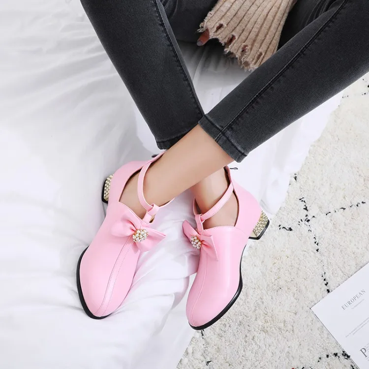 PXELENA/Новинка в Корейском стиле; Милая принцесса Лолита обувь Для женщин осенний лук бусины "галстук" для девочек; на низком каблуке; вечерние свадебные женские туфли-лодочки красного и розового цвета; большие размеры 34-43